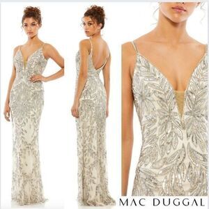 Mac Duggal 5107 Embellished Leaf Evening Gown‎ Size 4 Silver Nude